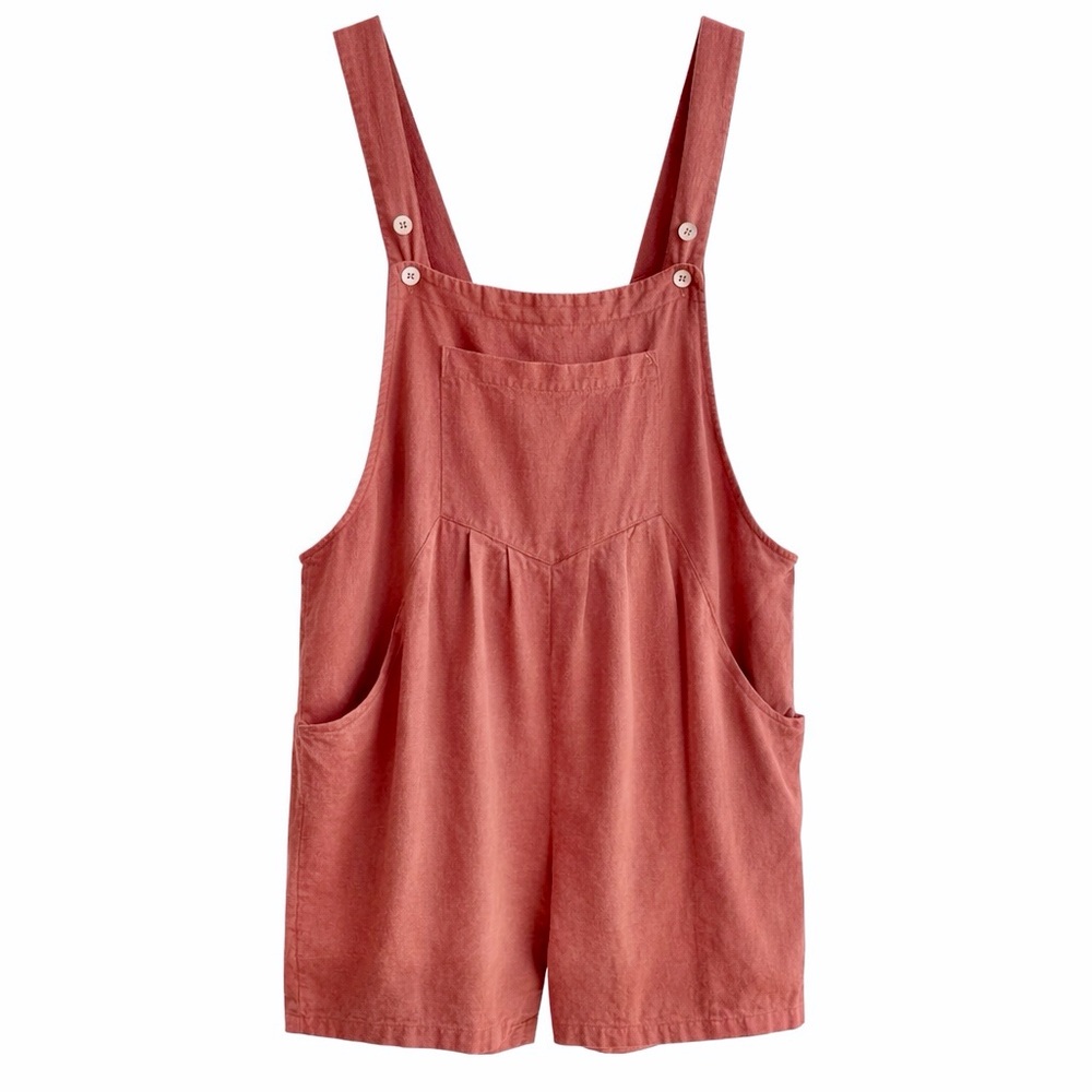 Rust Linen Blend Shortalls Large Boho Romper Bib Overalls Summer Outfit Pockets